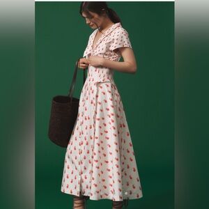 NWT Anthropologie V-Neck Pleated Midi Dress in White and Red